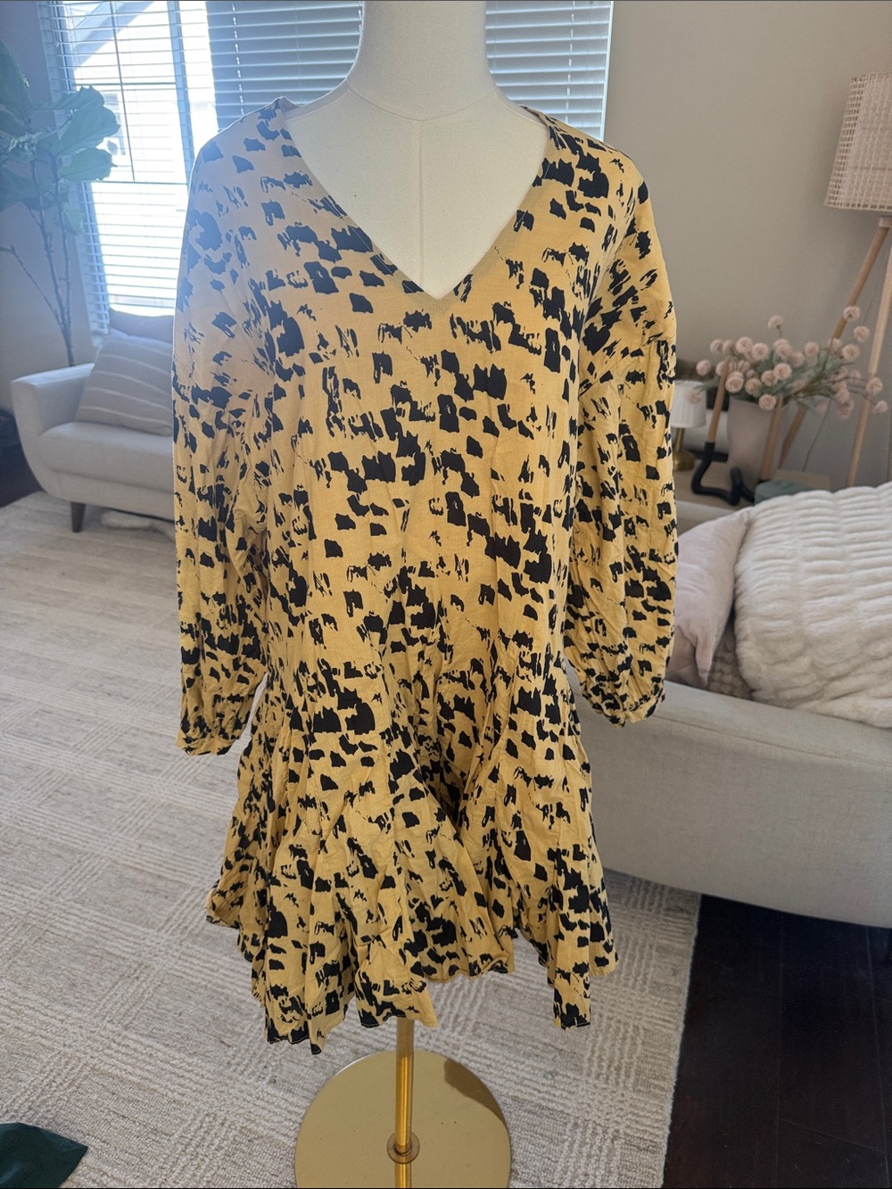 Anine Bing Yellow and Black Abstract Print V-Neck Mini Dress